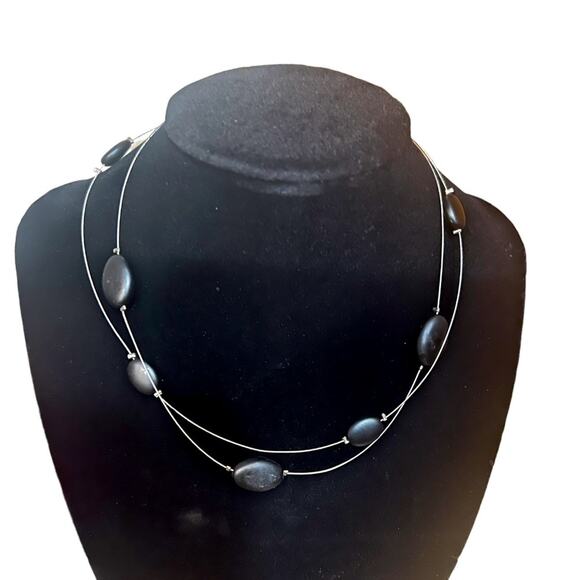 Express Silver Wire Layered Necklace with Black Oval Beads - 15 inch - Picture 1 of 2